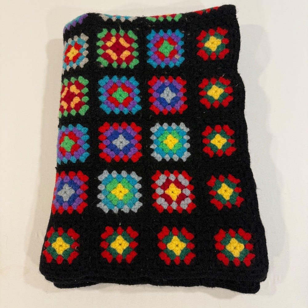 Vintage Handmade Crochet Granny Square Blanket Multi-Color Roseanne Style 40x58